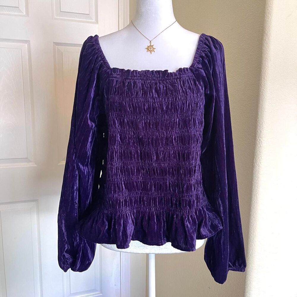 Maurices Purple velvet long sleeve blouse with ruffled sleeves - Size Large